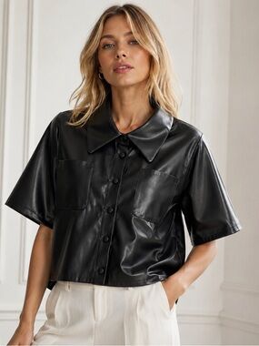 Tuckernuck Black Cropped Faux-Leather Button Front Jacket